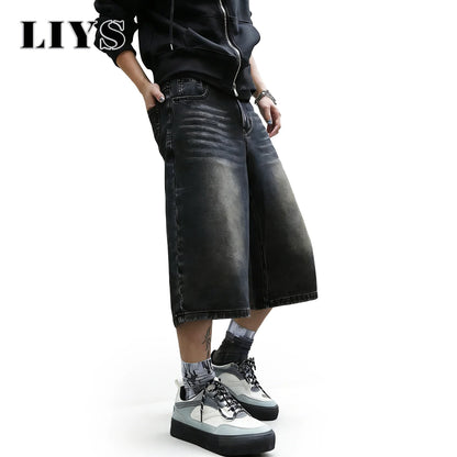 LIYS Baggy Wide Leg Denim Shorts for Men – Black Washed Streetwear