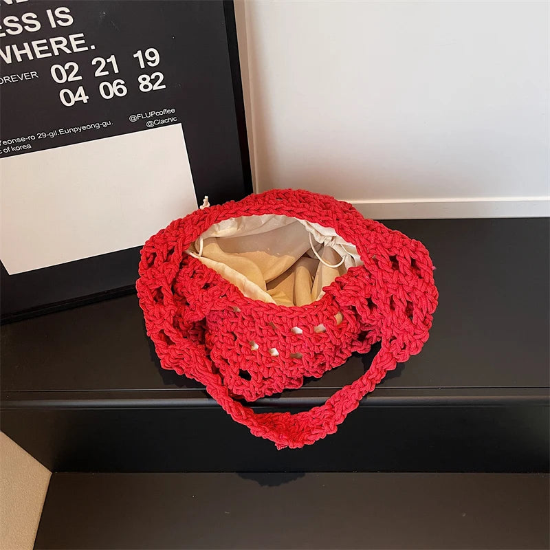 Women's Crochet Hollow Woven Drawstring Shoulder Bag