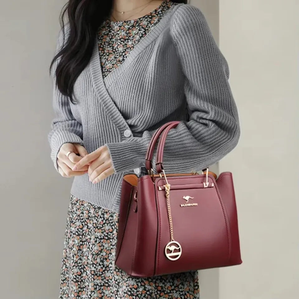 Large Capacity Women's Leather Tote Bag – 3-Layer Luxury Handbag