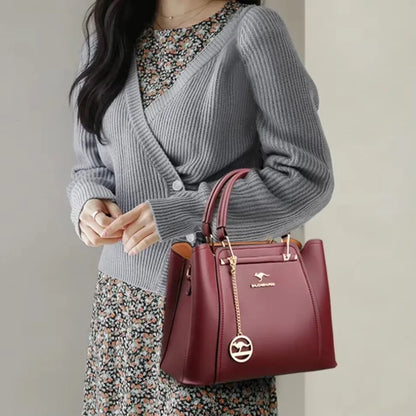 Large Capacity Women's Leather Tote Bag – 3-Layer Luxury Handbag