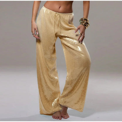 Sequin Wide-Leg Pants for Women – Y2K Loose Drawstring Trousers