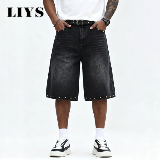 Men's Wide-Leg Rivet Denim Shorts – Y2K Streetwear Jorts