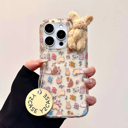 Cute 3D Plush Rabbit iPhone Case – Transparent Floral Cartoon Cover