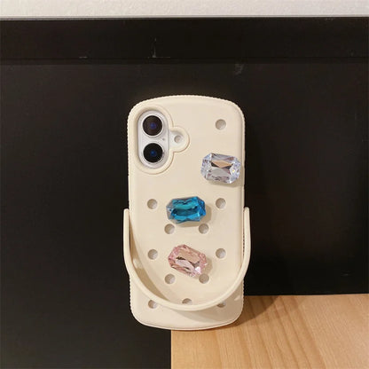 Crystal Charm Croc-Style iPhone Case – iPhone 16 / 15 / 14 / 13 / 12 / 11