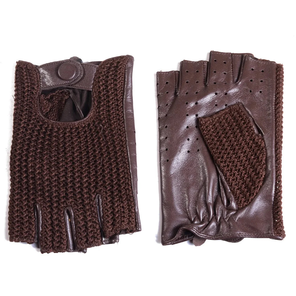 Men's Leather Fingerless Driving Gloves with Mesh Back