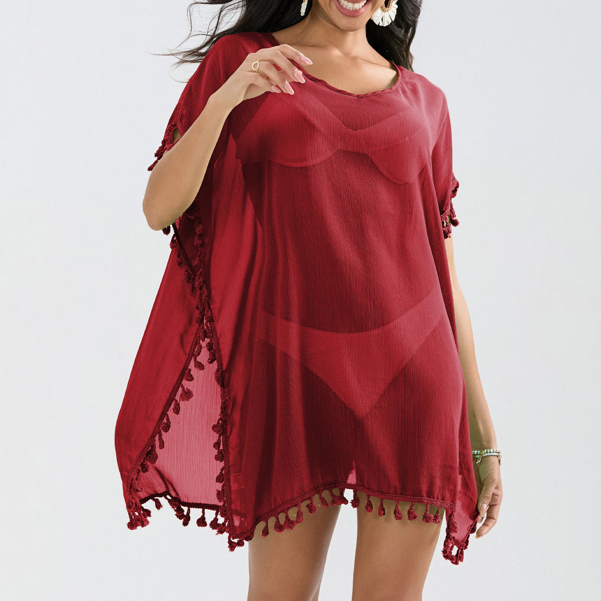 Tassel Trim Beach Cover-Up Dress – Sheer Swimsuit Coverup