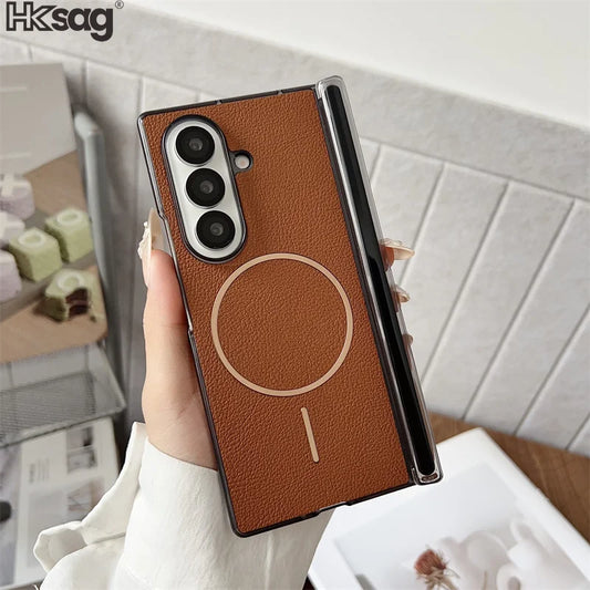 Magnetic Vegan Leather Case for Samsung Galaxy Z Fold 4 5 6 7 – Shockproof Cover