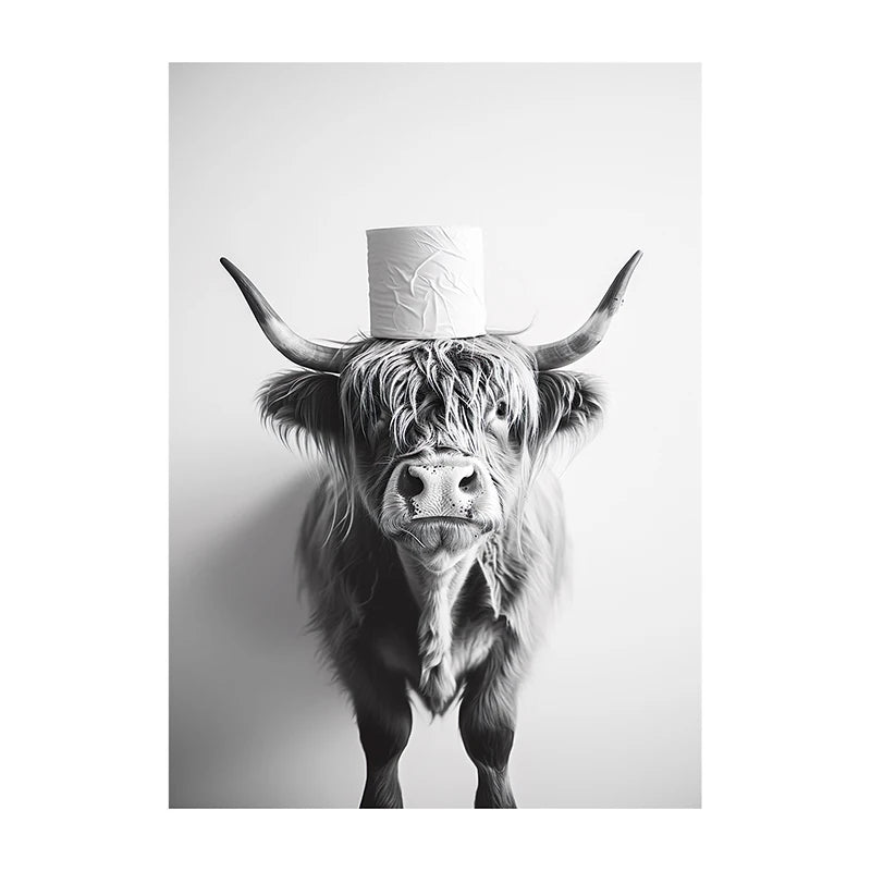 Funny Bathroom Wall Art Poster – Black & White Animal Toilet Paper Print