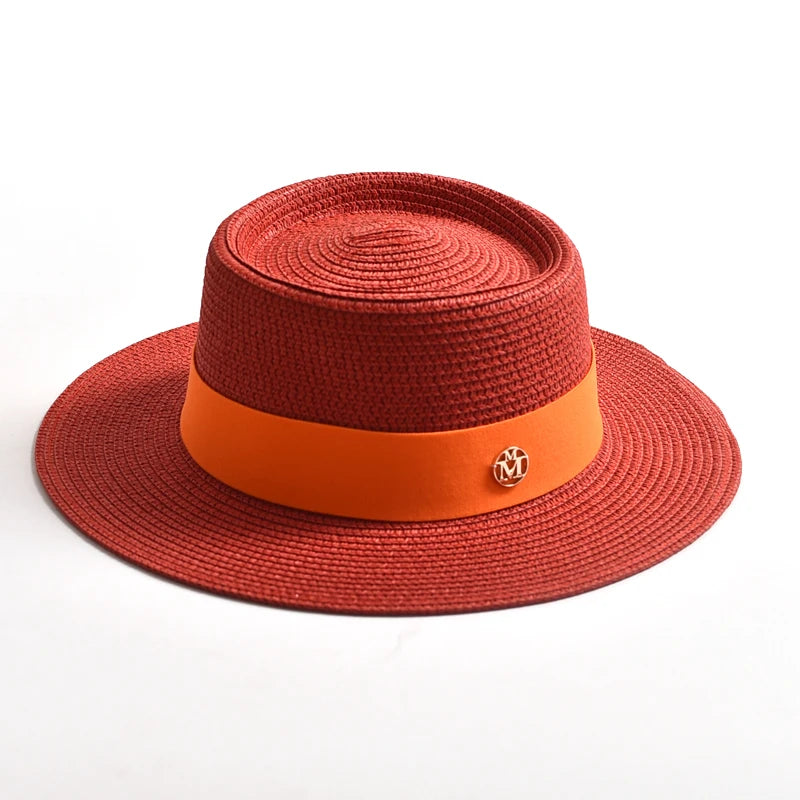 Women's Straw Sun Hat Flat Brim Ribbon Beach Hat