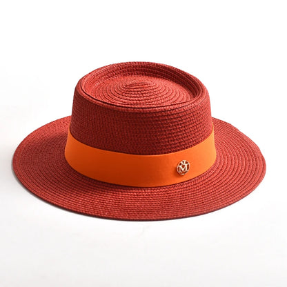Women's Straw Sun Hat Flat Brim Ribbon Beach Hat