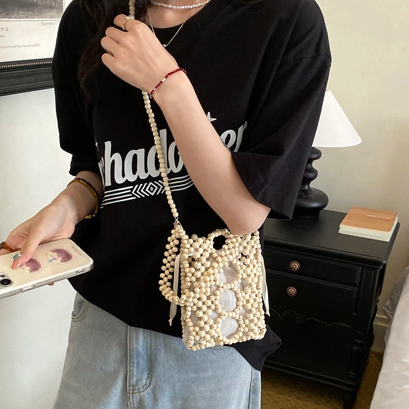 Wooden Bead Crossbody Bag – Handcrafted Hollow Woven Design