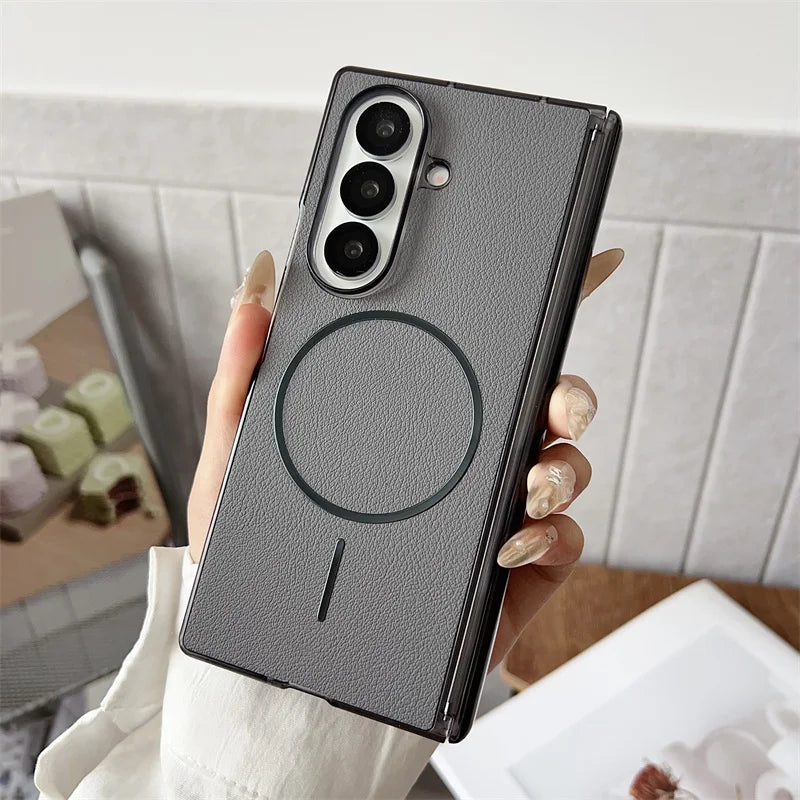 Magnetic Vegan Leather Case for Samsung Galaxy Z Fold 4 5 6 7 – Shockproof Cover