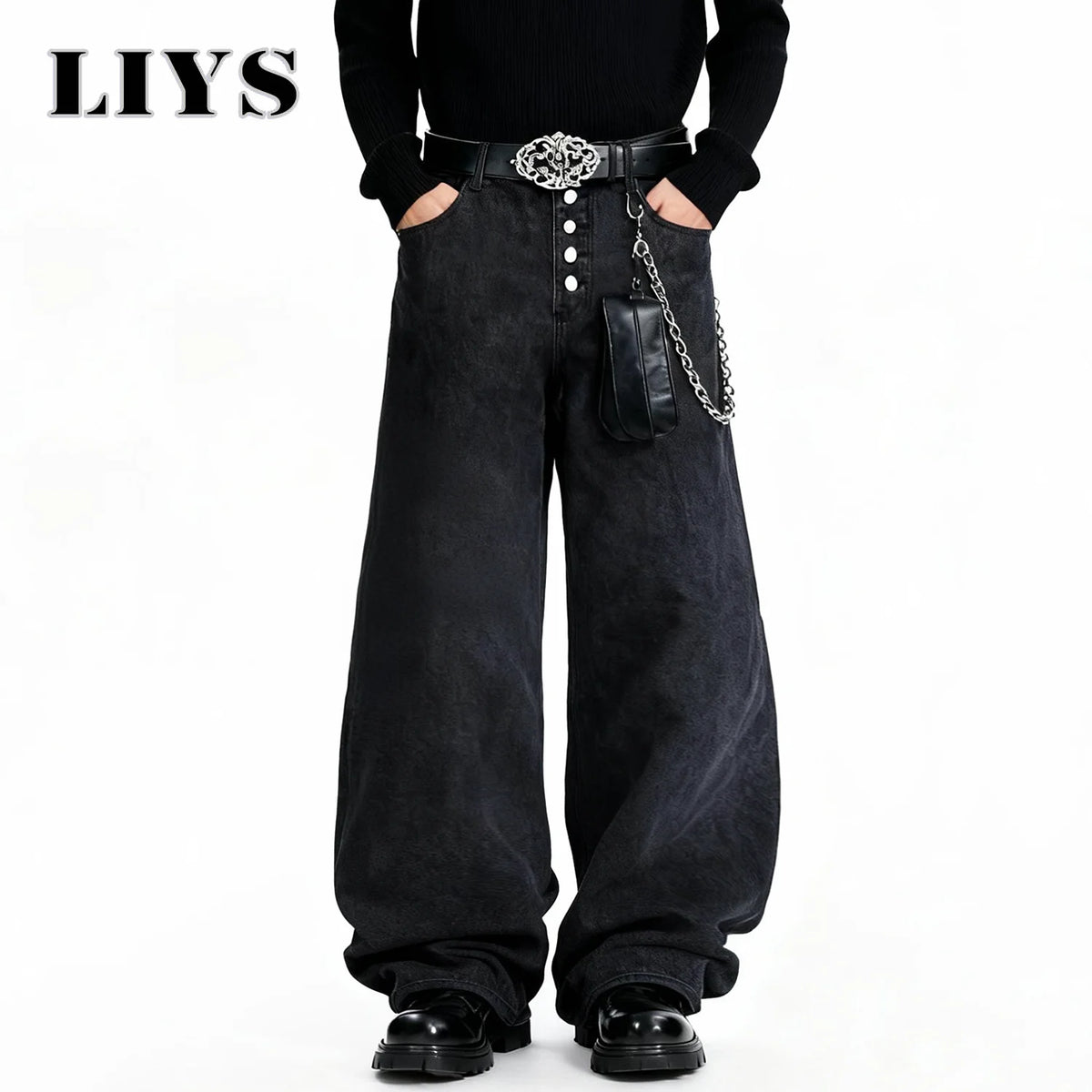 Men's Wide-Leg Black Baggy Jeans – Retro Hip Hop Streetwear Denim