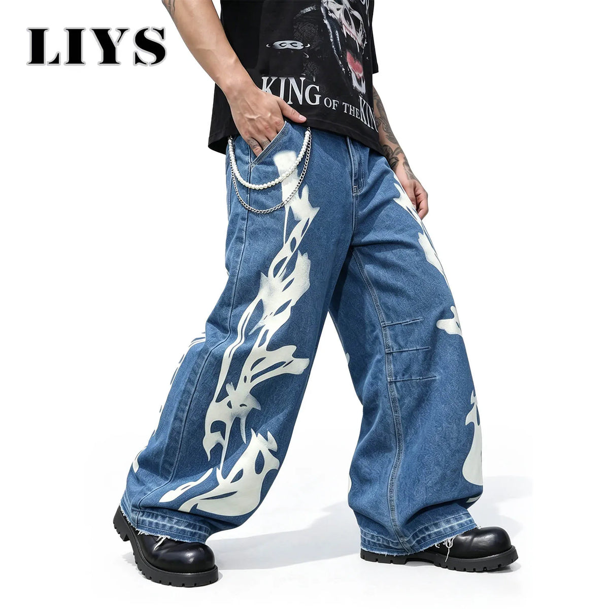 Men's Flame Print Wide Leg Jeans – Retro Streetwear Denim