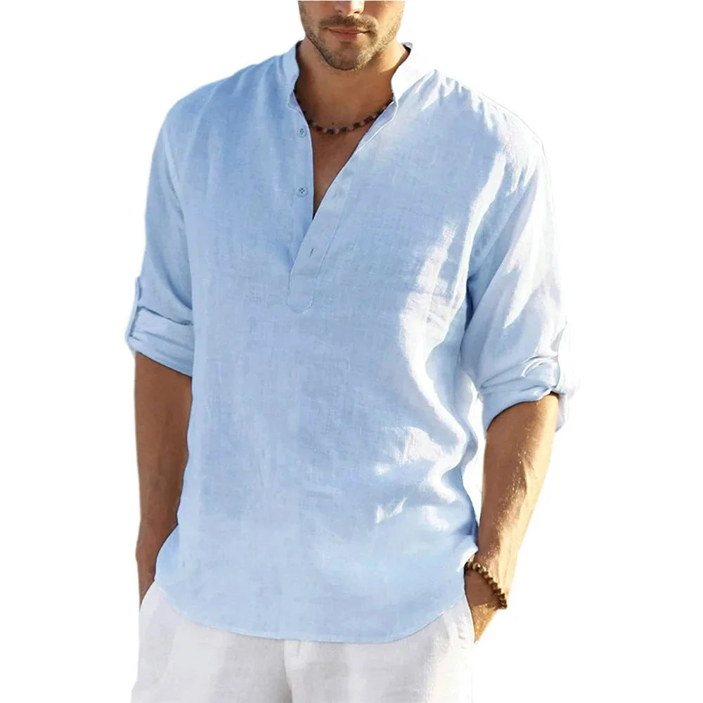 Men's Cotton Linen Long Sleeve Shirt – Casual Loose V-Neck Top S-3XL