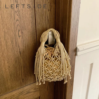 Woven Macrame Bucket Bag – Boho Tassel Handbag for Women
