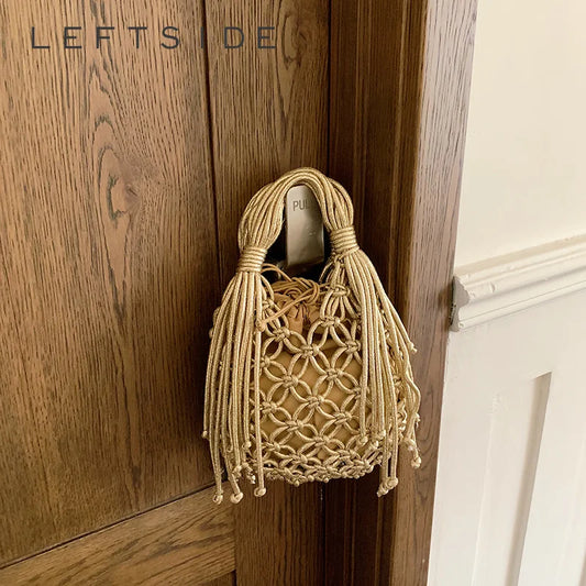 Woven Macrame Bucket Bag – Boho Tassel Handbag for Women