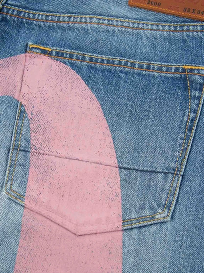 Mens Jeans Print Waist Straight Leg Denim Pants Harajuku Unisex Loose Fit Tapered Casual Streetwear