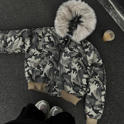 Camouflage Men's Winter Puffer Jacket – Fur Collar Hooded Cotton Coat