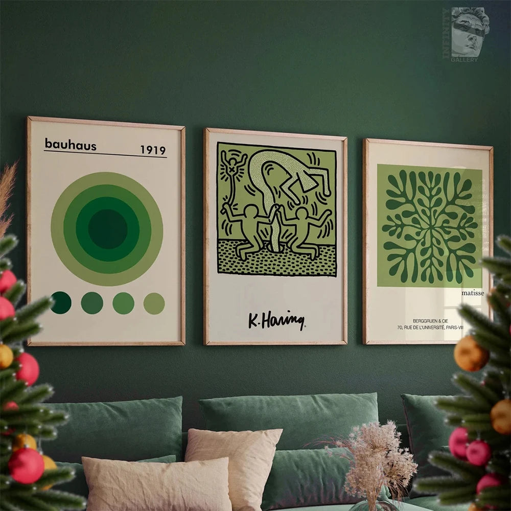 3-Piece Green Wall Art Poster Set – Bauhaus, Keith Haring & Matisse