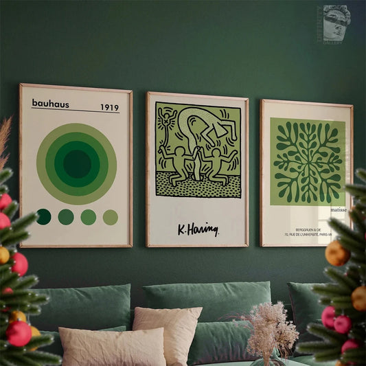 3-Piece Green Wall Art Poster Set – Bauhaus, Keith Haring & Matisse