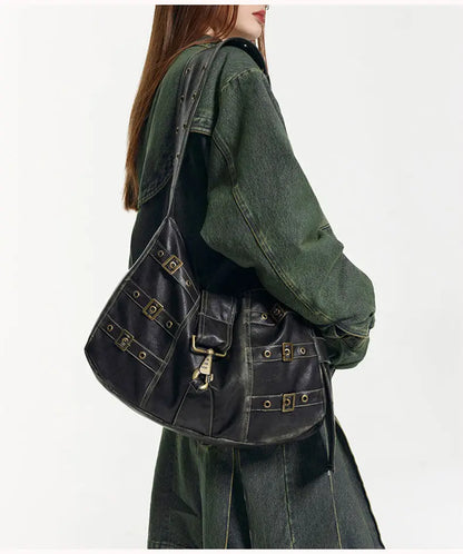Vintage Rivet Black Handbag Women Y2k Grunge Leather