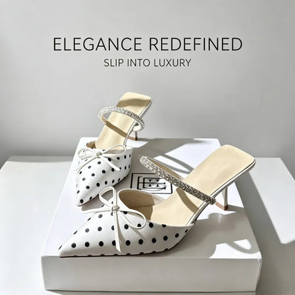 Polka Dot Pointed Toe Heeled Mule Slippers for Women