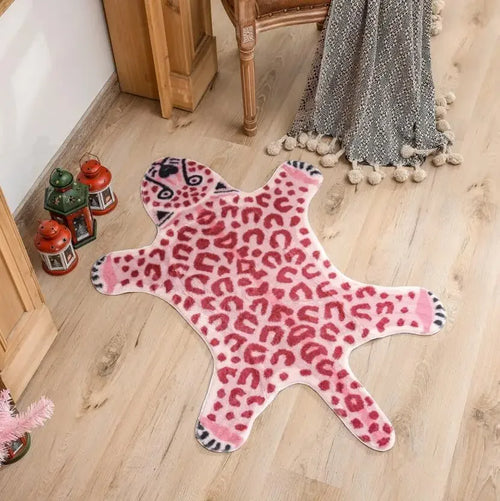 Pink Leopard Shape Rug – Soft Plush Animal Area Carpet