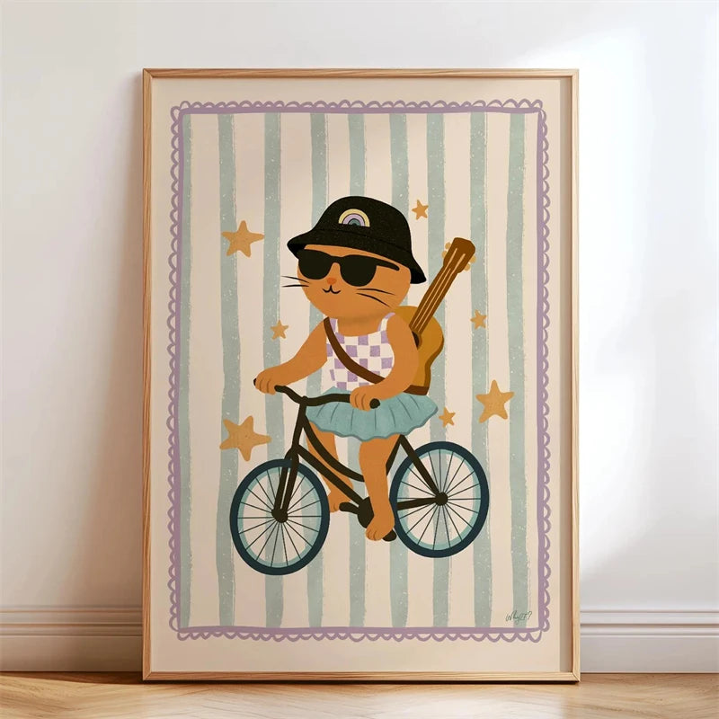 Boho Cat Bicycle Wall Art Poster – Kids Nursery Print