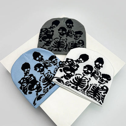 Skull Print Knit Beanie – Color Block Warm Winter Hat Punk Style