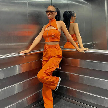Women's Baggy Cargo Pants – Orange Straight-Leg Trousers