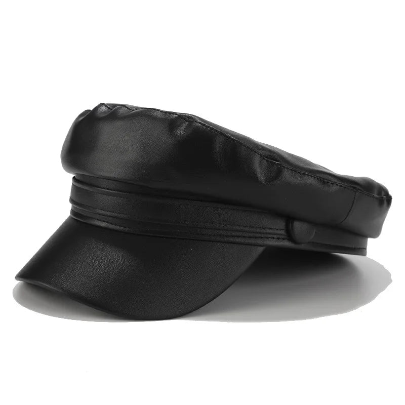 PU Leather Newsboy Cap Vintage Flat Military Hat