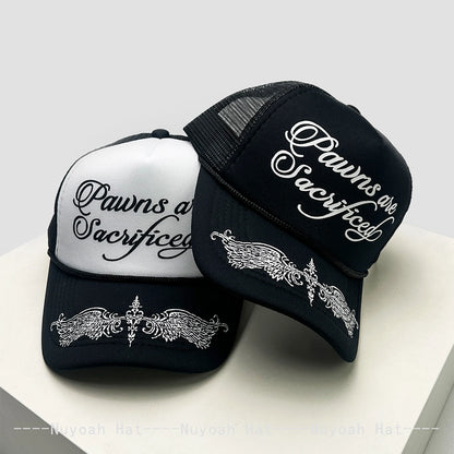 Mesh Trucker Cap with Wing & Letter Print – Unisex Hip Hop Baseball Hat