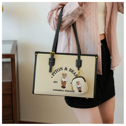 Harajuku Bear Cute Tote Bag Women Vintage Embroidery Chic Casual Shoulder Bags