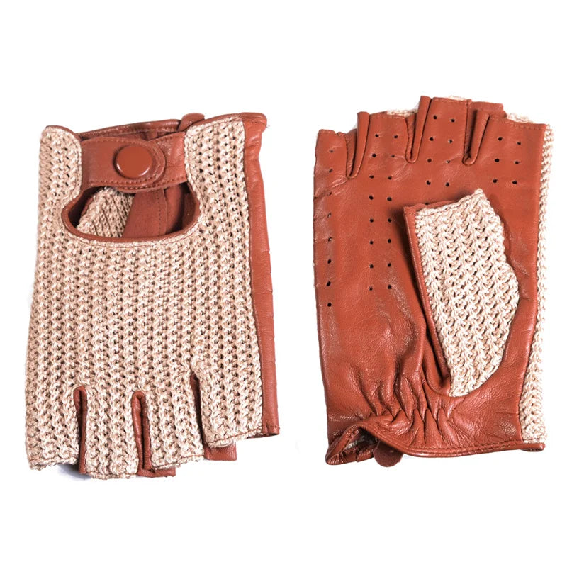 Men's Leather Fingerless Driving Gloves with Mesh Back