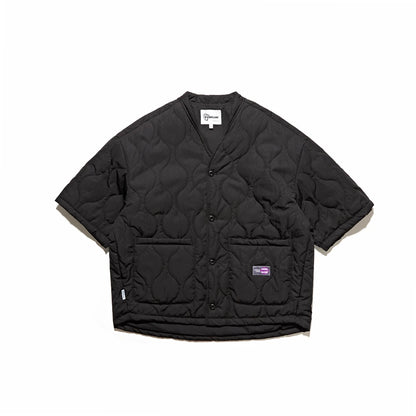 Quilted Padded V-Neck Jacket Men Short Sleeve Harajuku Streetwear