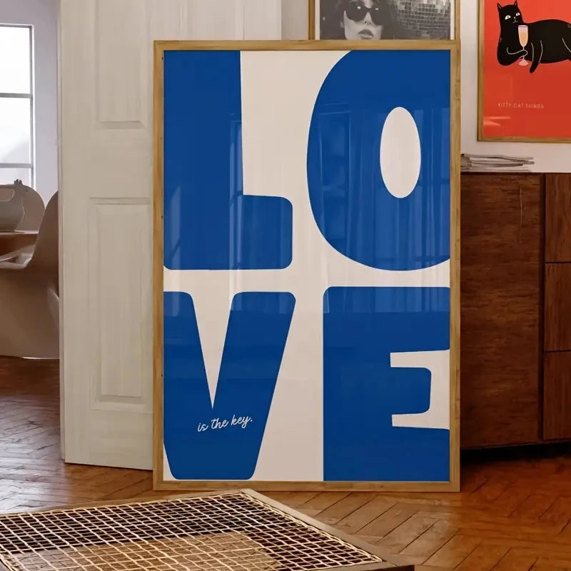 Love Is the Key Blue Wall Art Print – Bold Typography Poster for Home Decor