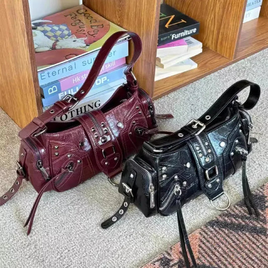 Rivet PU Leather Underarm Bag – Vintage Moto-Style Shoulder Purse