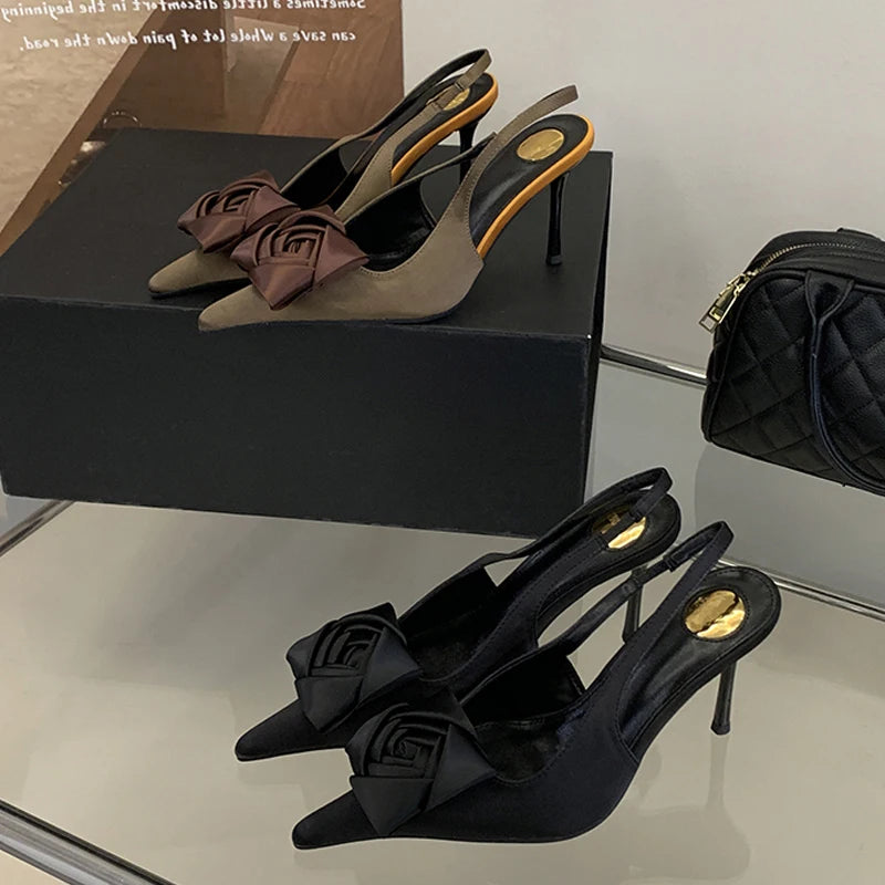 Rose Flower Pointed Toe Slingback Stiletto Pumps for Women