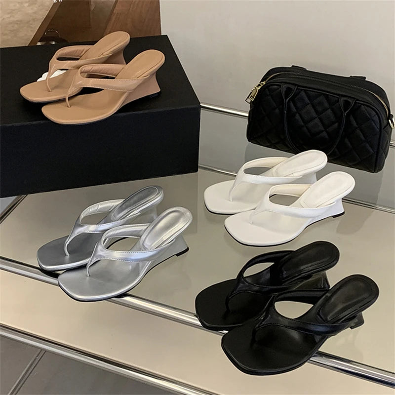 Women's Wedge Heel Flip Flop Sandals Square Toe