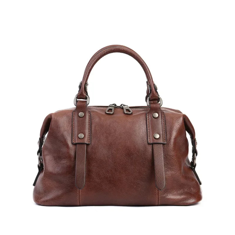 Genuine Leather Boston Bag – Women's Designer Shoulder Handbag with Wide Strap