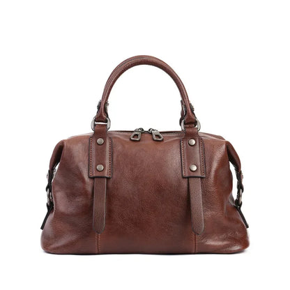 Genuine Leather Boston Bag – Women's Designer Shoulder Handbag with Wide Strap