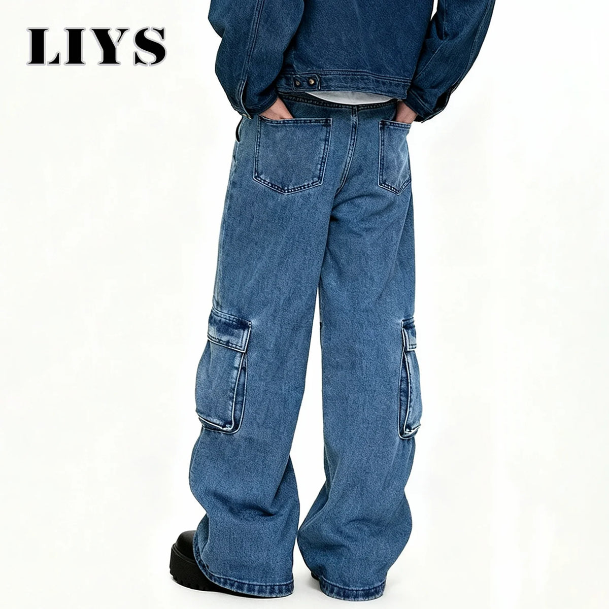 Men S Spring Blue Retro Washed Baggy Cargo Jeans Summer Male Multi Pocket Straight Tube Work Clothes