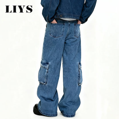 Men S Spring Blue Retro Washed Baggy Cargo Jeans Summer Male Multi Pocket Straight Tube Work Clothes
