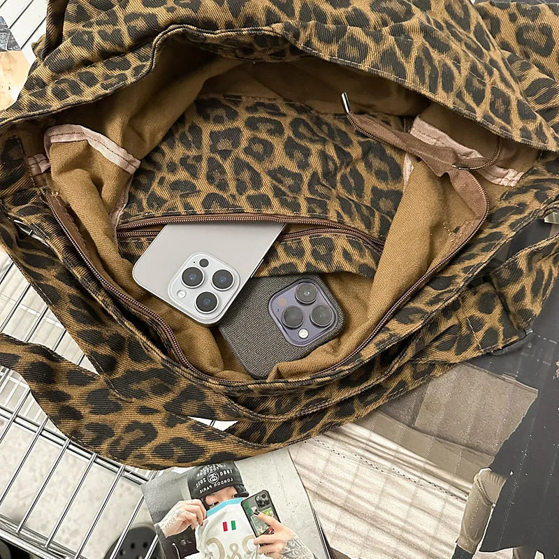 Leopard Print Canvas Shoulder Bag Large Capacity Tote for Women