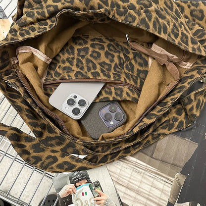 Leopard Print Canvas Shoulder Bag Large Capacity Tote for Women