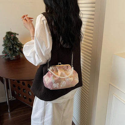 Sequin Floral Embroidered Handbag with Pearl Handle & Chain