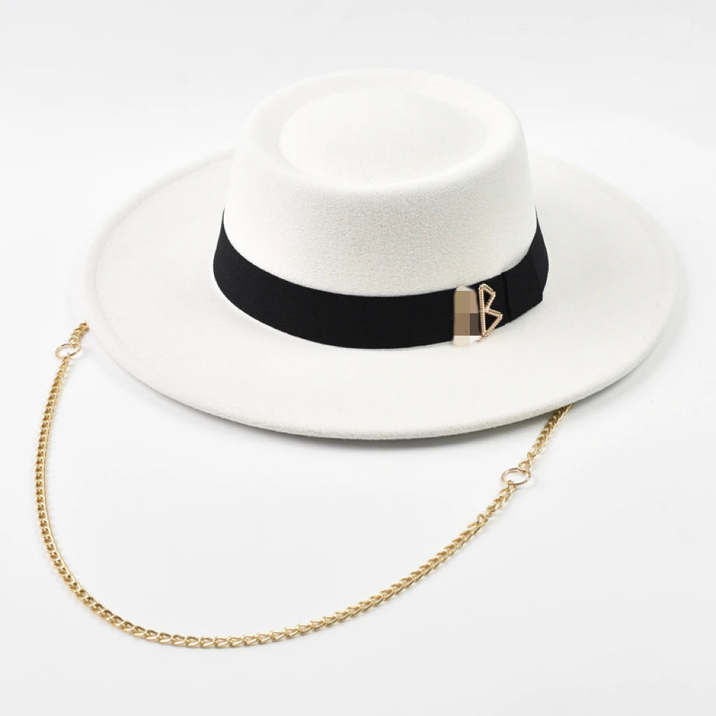 Women's Wide Brim Felt Fedora Hat with Gold Chain & Letter Detail