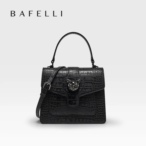 Leather Crossbody Bag – Croc-Embossed Top Handle with Cat Clasp