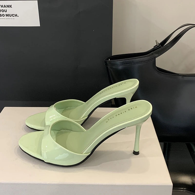 Women's Open-Toe Stiletto Heel Slides – Elegant Patent Mule Pumps